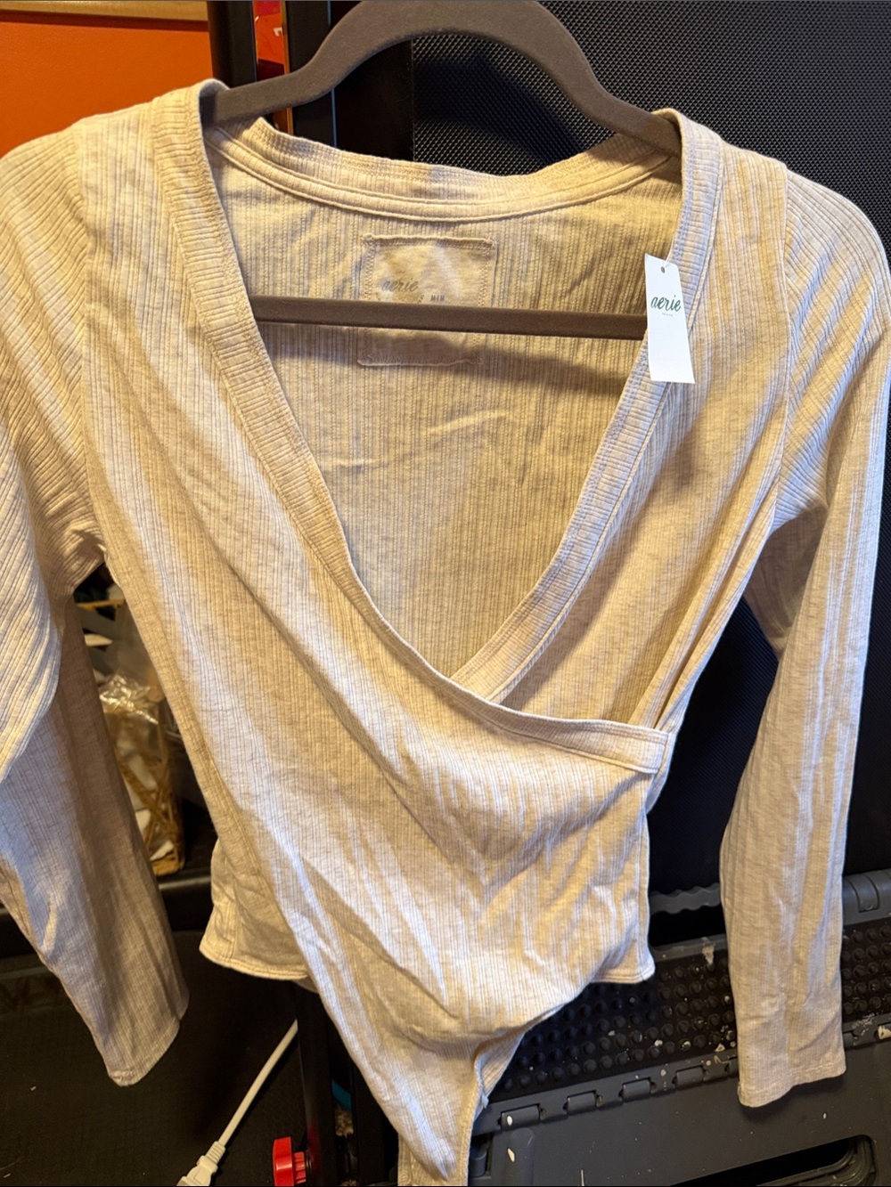 aerie Beige Ribbed Wrap Bodysuit